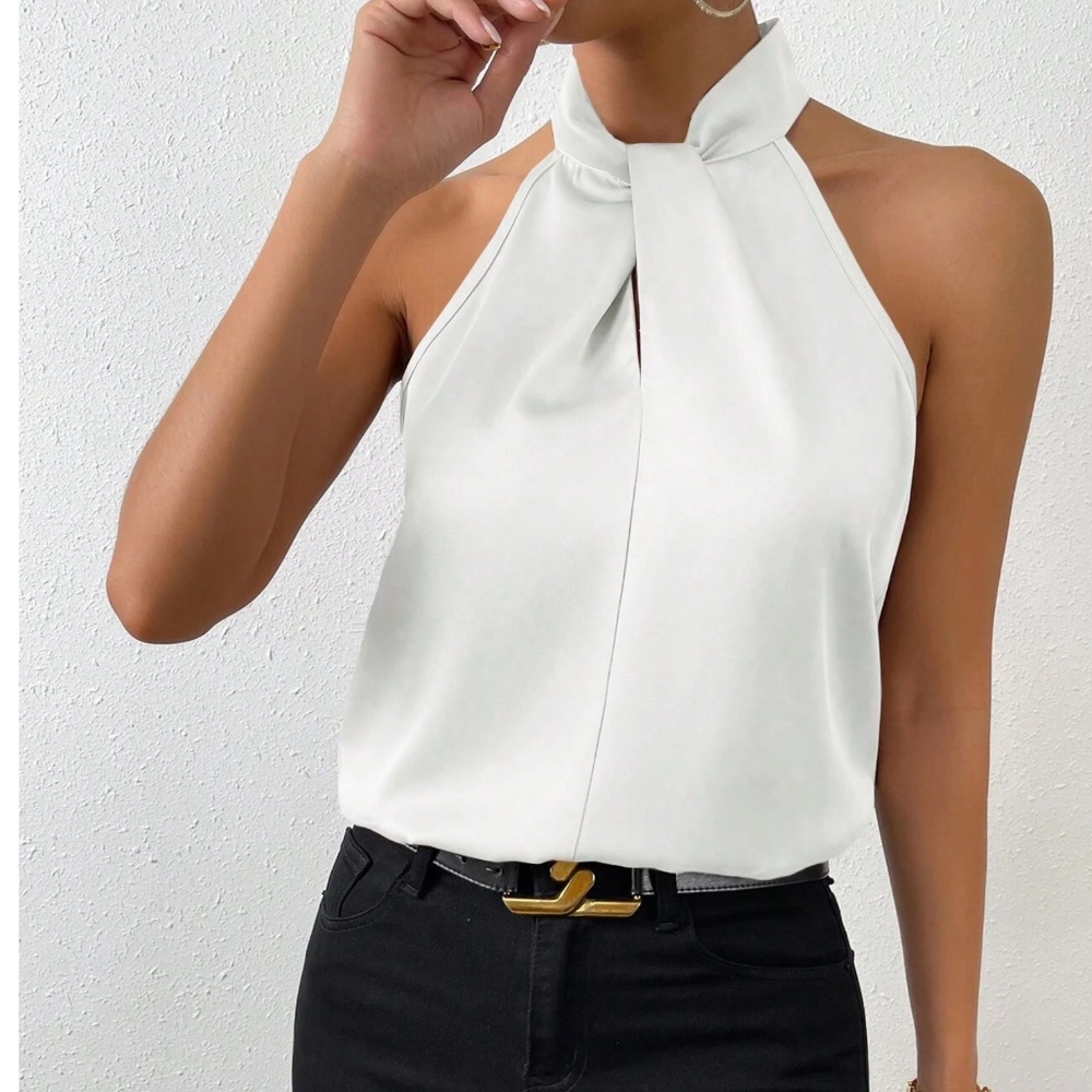 Luxe Champagne Satin Halter Minimalist Tank Top - Picture 3 of 15